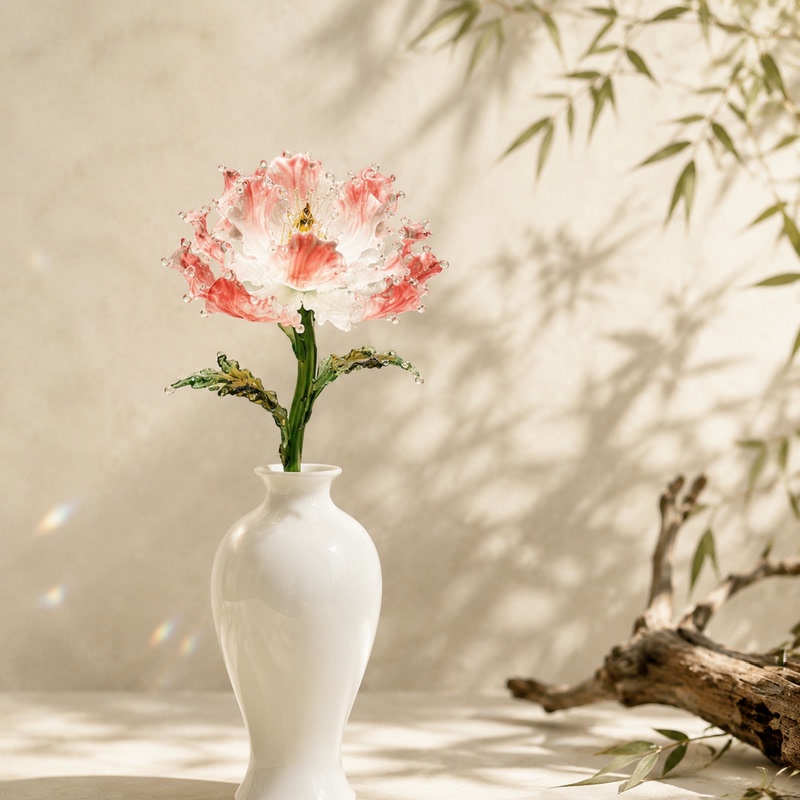 Purely Handmade Glazed Peony Flower, Intangible Cultural Heritage Lampwork Glass Vase with Eternal Flowers, Glass Decorative Ornaments, Gift Bouquet