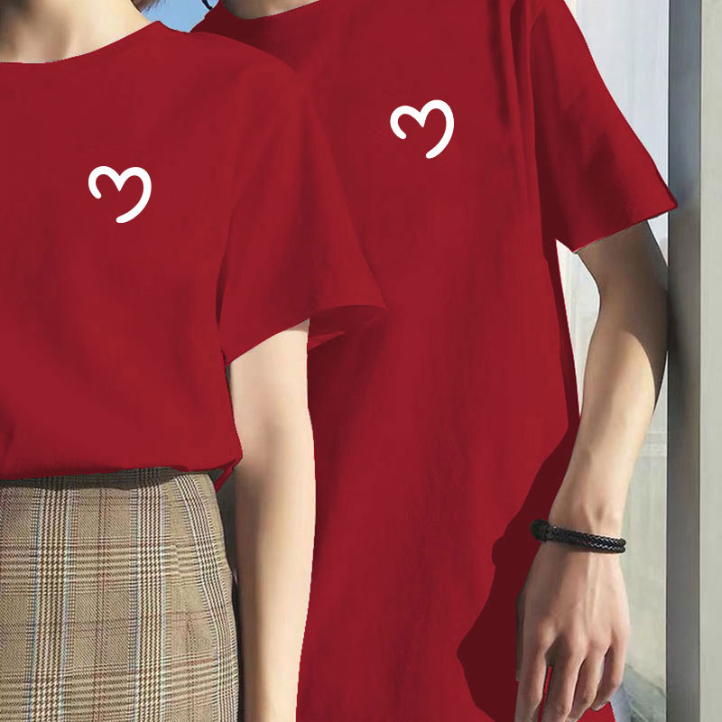 Love-Themed Pure Cotton Short-Sleeve T-Shirt for Men and Women, Suitable for Marriage Registration, Engagement, Couple Outfits, New Year, Burgundy Men's New Year Clothing