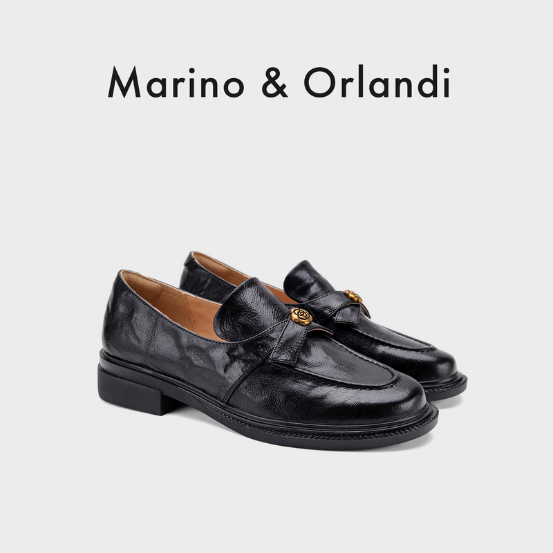 Marino&Orlandi/Retro Lambskin Loafers for Women, Versatile Slip-On Leather Shoes, British Style Flats