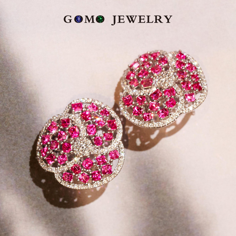 (Stars Same) Fruit Maoming Jewelry Dispensers Self-Leaving 18K Gold Hot Pink Spinel Diamond Designs Flowers Earrings