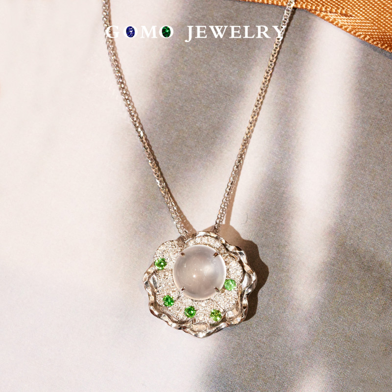 Exclusive real top - grade glass species just pure white ice emerald egg face 18K gold diamond Shaverley necklace