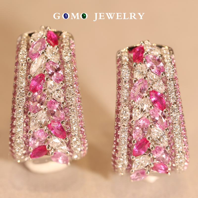 Guomao Jewelry Natural Sapphire Marquise Pink Sapphire Earrings for Women 18K Gold Diamond Earrings Hoop Earrings Inlaid