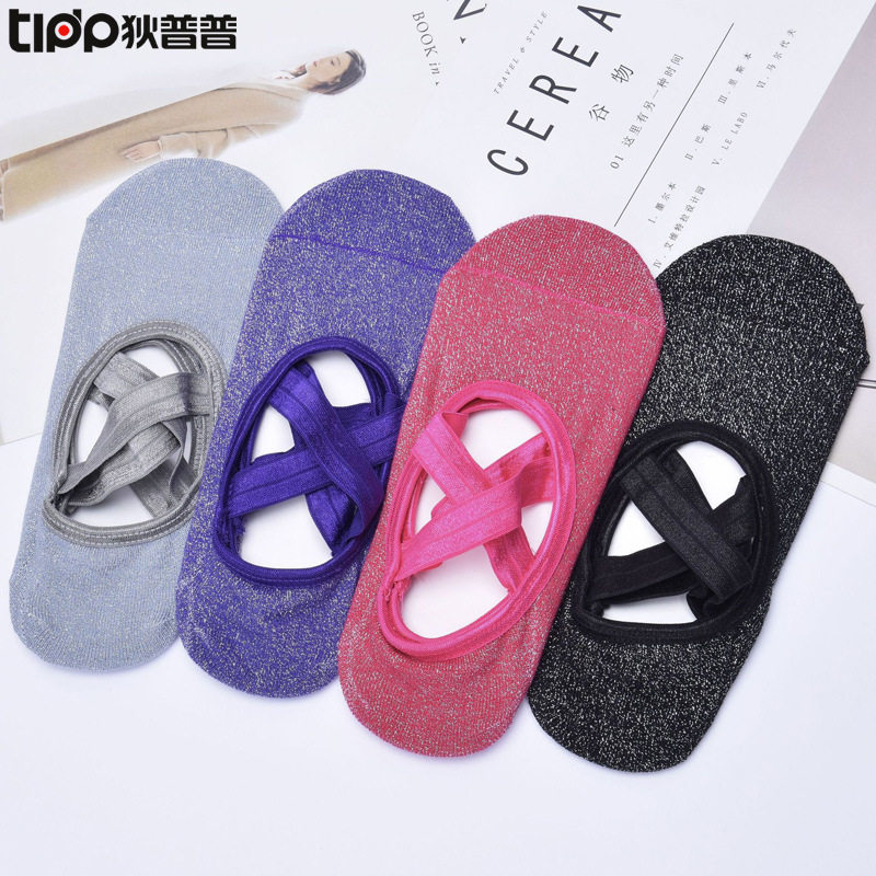 Yoga Socks silver silk yoga socks non-slip backless round head cross strap dance socks sports fitness equipment