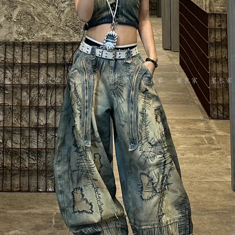 American Retro Design Distressed Patchwork Embroidery Jeans for Women, Street Punk Style Floor-Length Scimitar Pants American Retro Design Distressed Patchwork Embroidery Jeans for Women, Street Punk Style Floor-Length Scimitar Pants