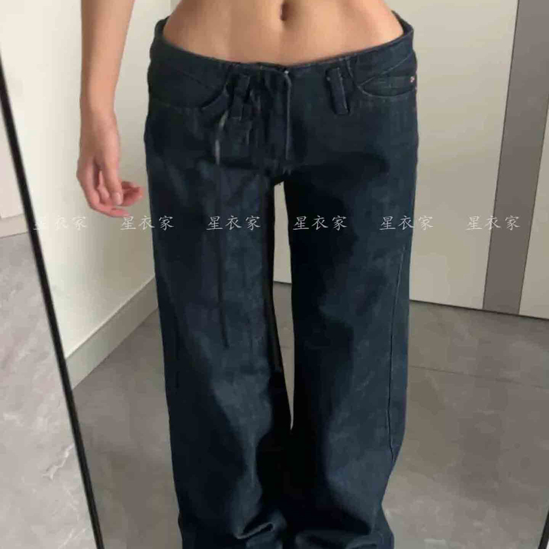 American Retro Washed Dark Blue Low-Waisted Jeans for Women Y2K Millennium Style Hot Girl Loose Straight-Leg Floor-Length Pants