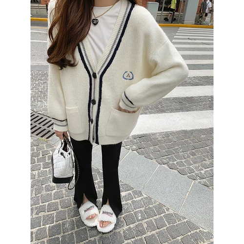 Демисезонный свитер, куртка, лонгслив, кардиган, V-образный вырез, в корейском стиле, свободный крой, подходит для подростков