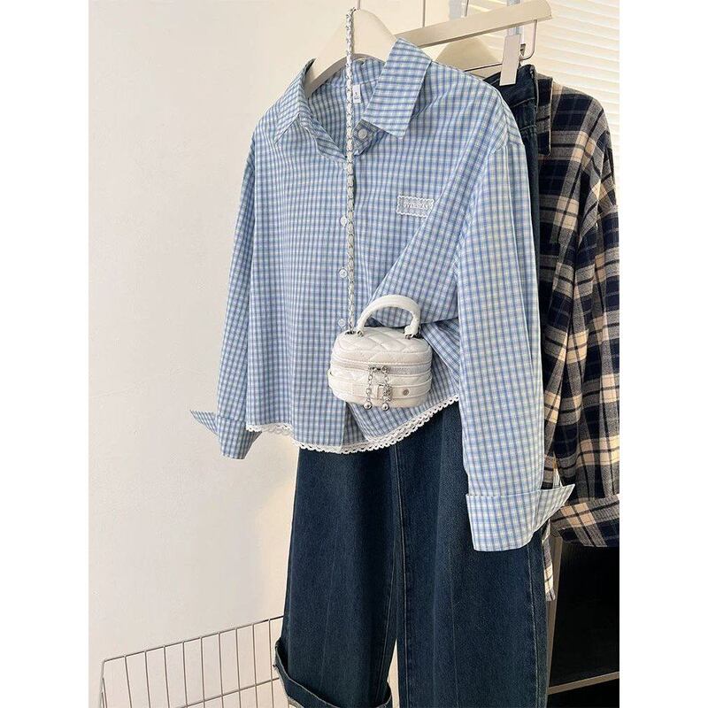 Lace Blue Plaid Long-Sleeve Shirt for Women, 2025 New Trendy Design, Unique and Chic Top