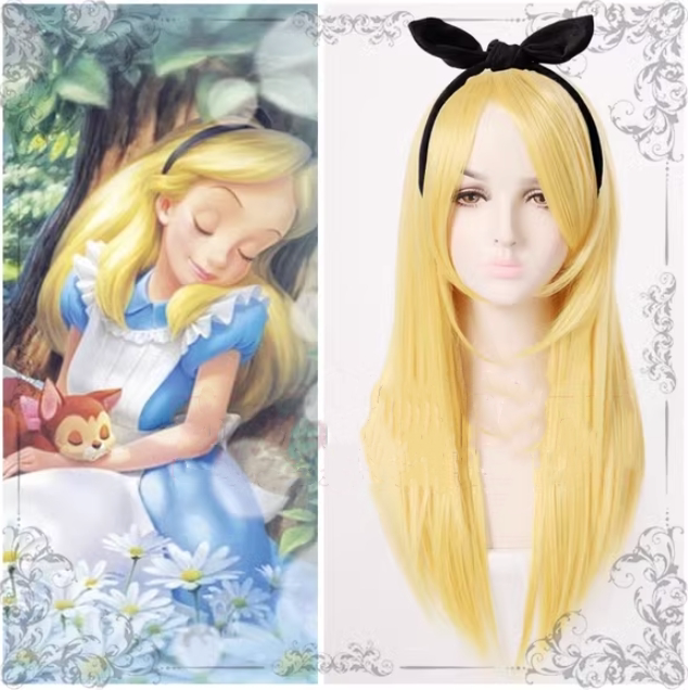 Alice Wig in Wonderland Alice Long Straight Hair Golden Yellow Cosplay Wig Cos Girl Fake Hair