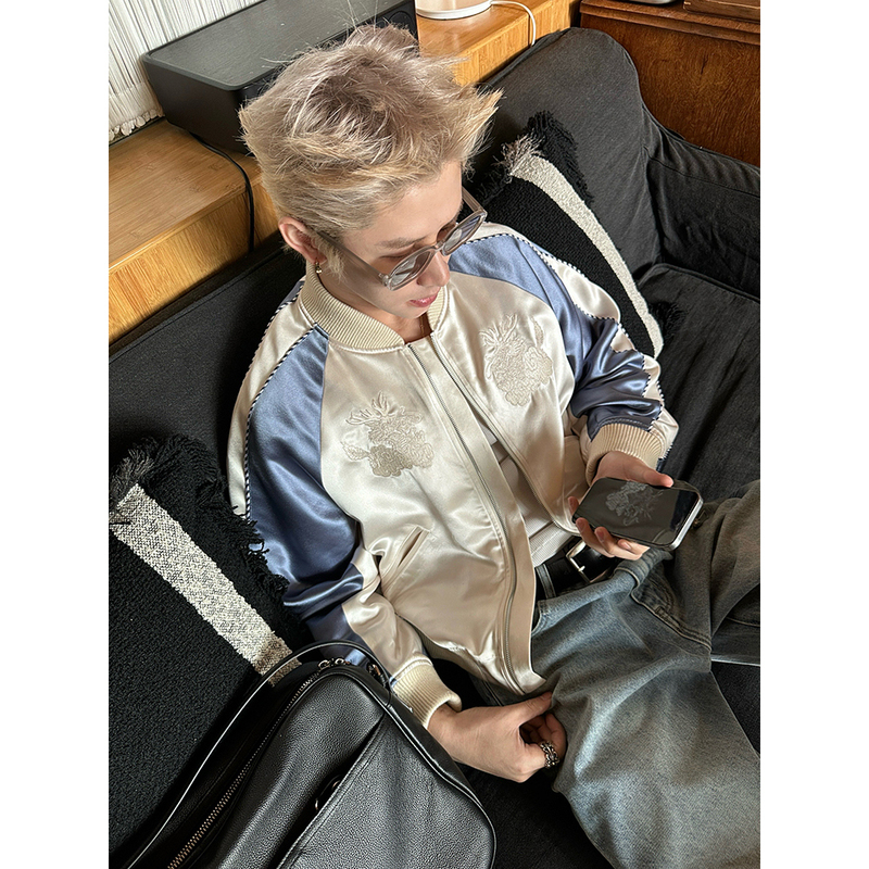 Esc Man Studio/ LAOSHU Patchwork Color-Block Dragon Embroidery Jacket Casual Acetate Coat Esc Man Studio/ LAOSHU Patchwork Color-Block Dragon Embroidery Jacket Casual Acetate Coat
