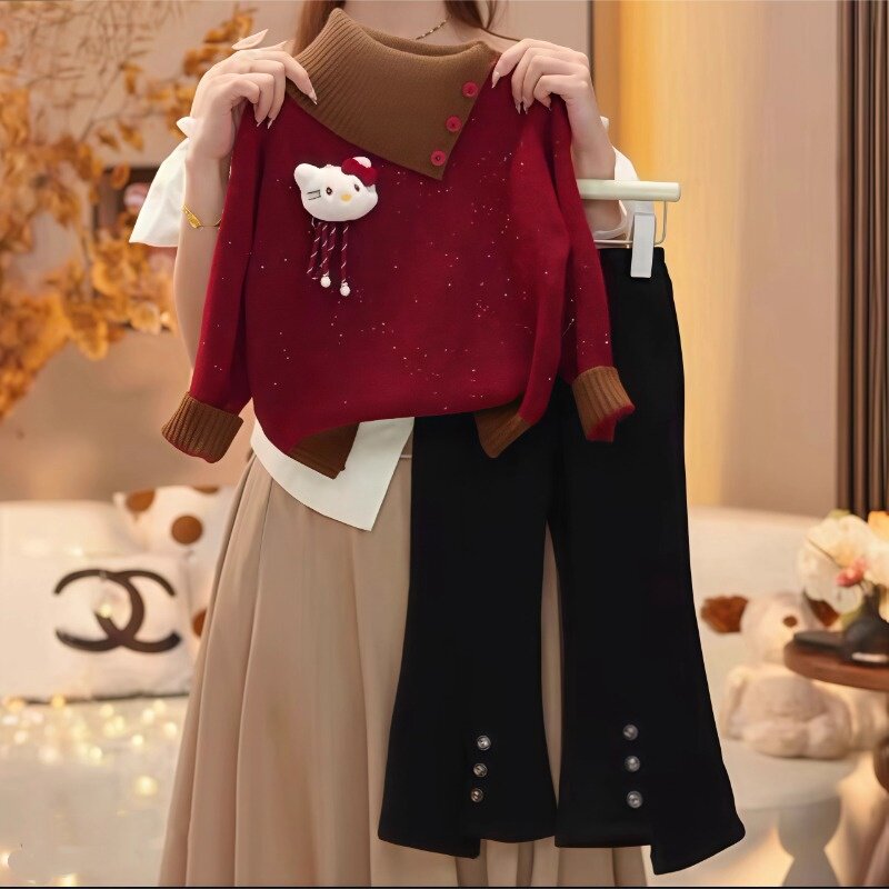 Костюмы для девочек; сезон осень-зима; новинка 2025 года; детский толстый теплый свитер в западном стиле; детские зимние брюки-клеш из двух предметов