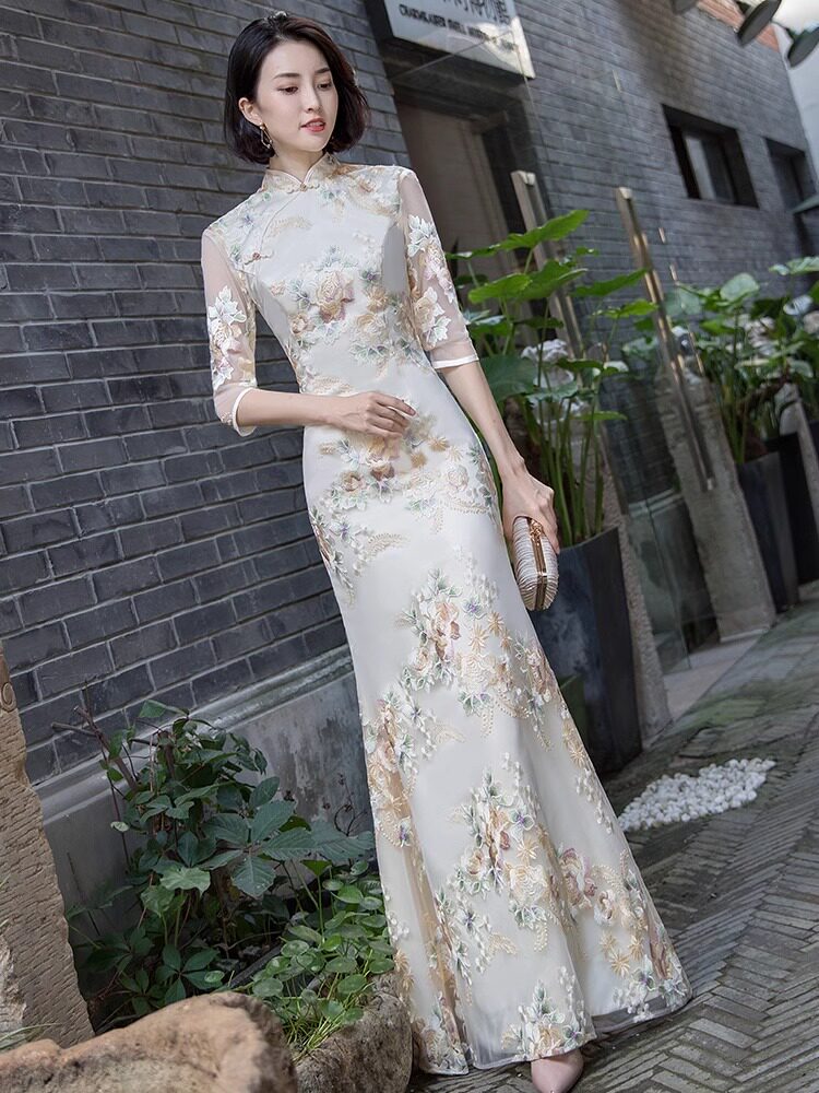 Подиумное cheongsam 2025 новое банкетное благородное женское вечернее платье высокого класса с длинным рыбьим хвостом, элегантный костюм улучшенного качества
