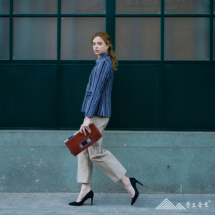 Wutu Wusheng's new fashion week handmade blue indigo dyeing and weaving light luxury spring and autumn women's casual suit jacket stripes