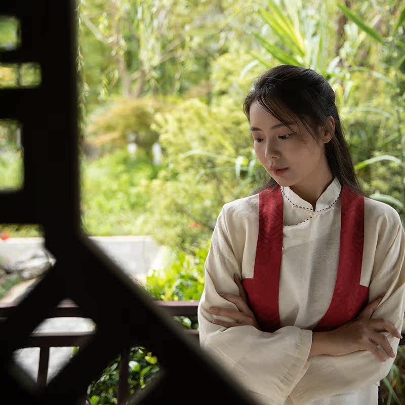 My native red and white pure color splicing long sleeve national wind 2021 fall new hanfu elements silk linen cloth jacket