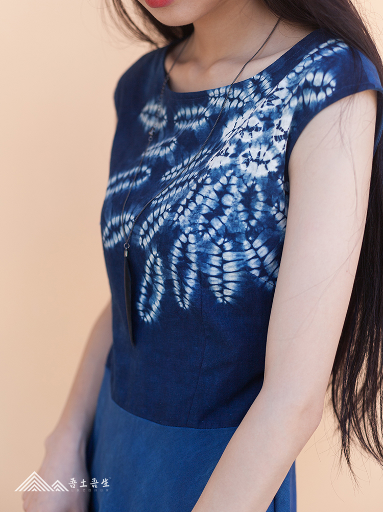My Tu Wu Sheng recommended sleeveless round neck Medium-length dress waist [summer flower] plant blue dyed handmade tie-dyed dress