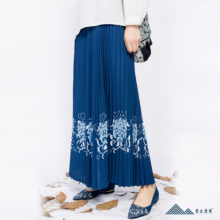 Wu Touli born from dark blue maple scents with printed snowspun 100 hitch a half-body classic large flower plexigo skirt new