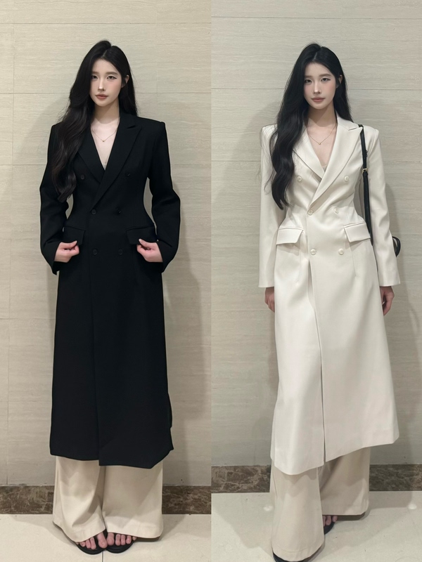 Panpanstudio Korean-Style Simple Commuter Outfit for Women, Mid-Length Slim-Fit Coat That Enhances the Figure and Adds Elegance