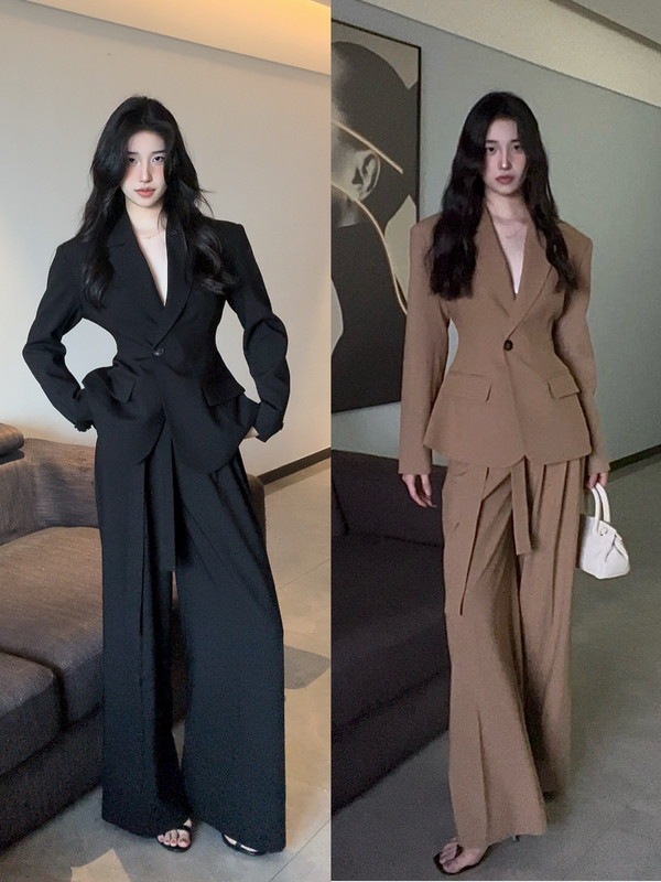 Panpanstudio【Spicy Girl Style】Korean Commuting Style Women's Suit Set with Mid-Length Wide-Leg Pants