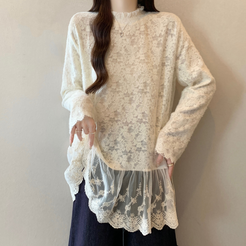 French-Style Half-High Collar Crochet Lace Blouse for Women, 2026 Autumn, Plus Size, Fat Mm, with a Flared Hem, Base Layer, Mid-Length Top French-Style Half-High Collar Crochet Lace Blouse for Women, 2026 Autumn, Plus Size, Fat Mm, with a Flared Hem, Base Layer, Mid-Length Top