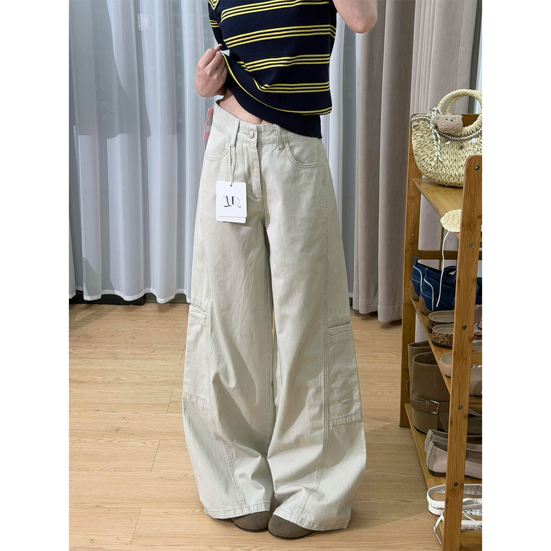 Light Apricot Low-Waist Workwear Wide-Leg Jeans for Women, 2026 Summer New Style, Loose Fit, Slimming, Drapey, Versatile, Curved Pants