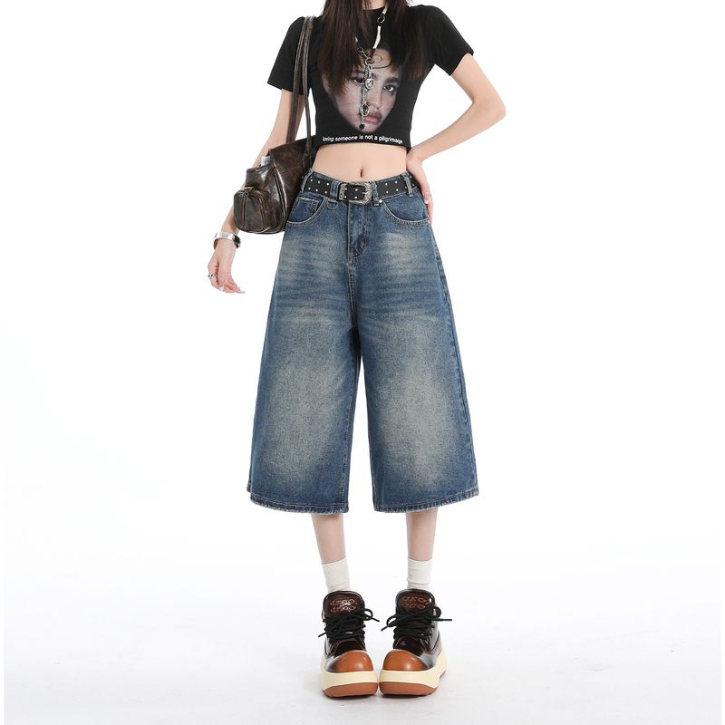 Vintage Blue High-Waisted Wide-Leg Cropped Jeans for Women, 2026 Summer New American-Style Loose Slimming Straight Mid-Length Pants