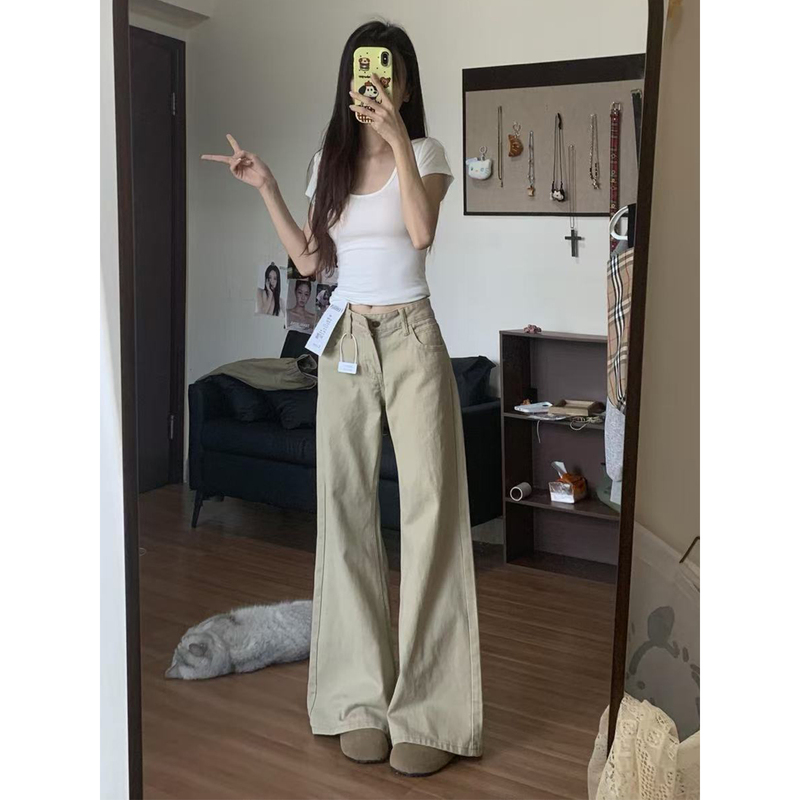 Light Khaki Low-Waist Flared Jeans for Women, 2026 Summer Thin American Style Petite Slimming Drapey Bell-Bottom Pants