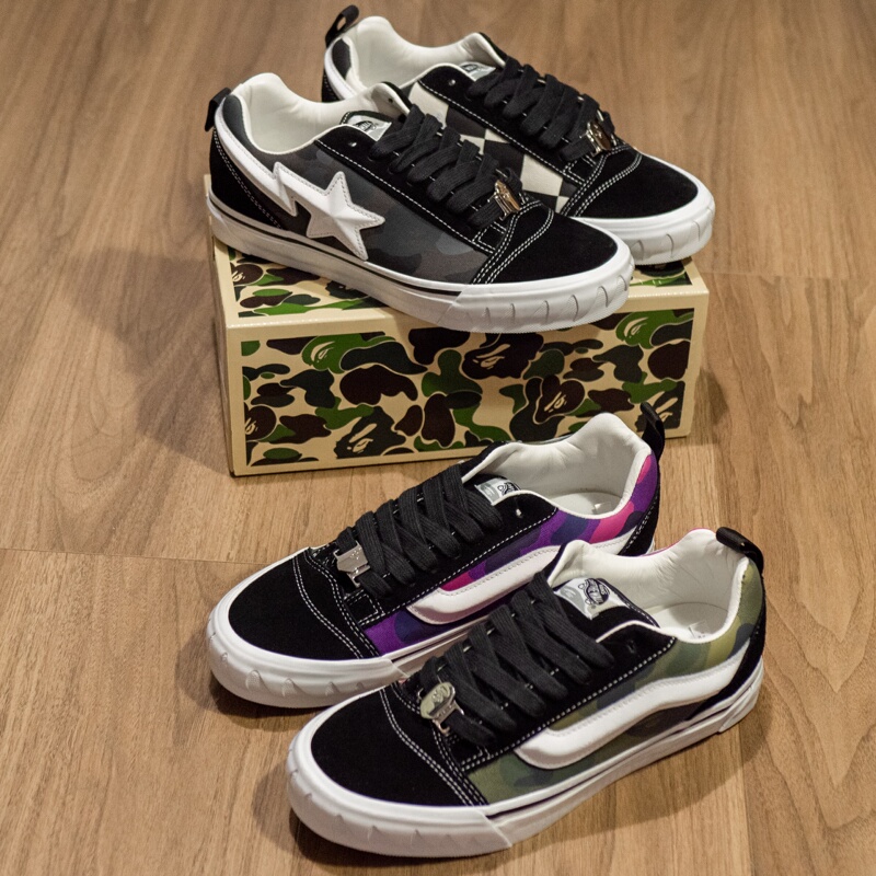 Vans Bape Knu Skool Premium Black and White Checkerboard Low-Top Sneakers