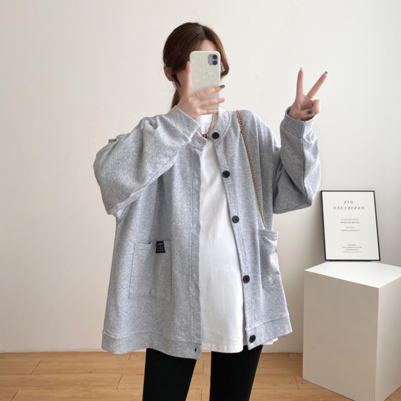 Large size maternity coat spring and autumn cardigan top pregnancy fashion loose solid color casual thick cotton 200 catties