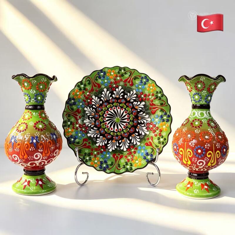 Turkish Imported Hand-Painted Ceramic Vase and Plate Set, Craft Ornaments, Home Decoration, Souvenirs and Commemorative Gifts