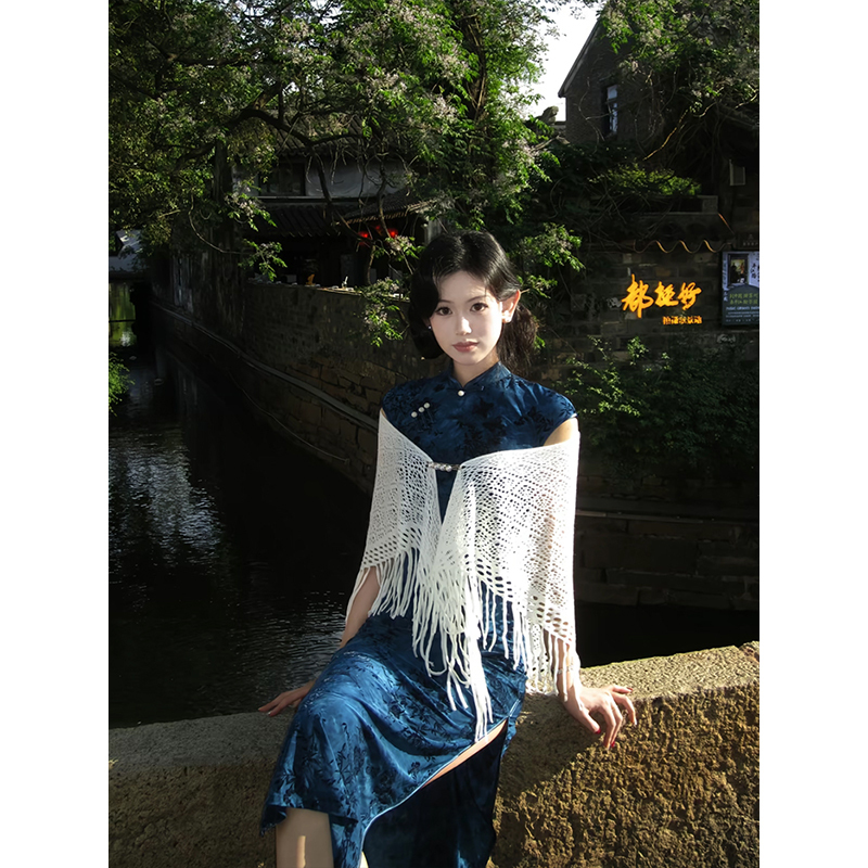 Cheongsam Shawl Cardigan 2026 Thin Versatile Openwork Tassel Air-Conditioning White Coat Cape Shawl