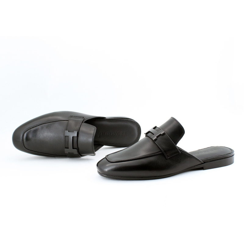 H Buckle Full Leather Slippers for Outdoor Wear, Mule Shoes, Closed-Toe Half-Slippers, Men's Slip-On Lazy Shoes, Men's Summer Sandals