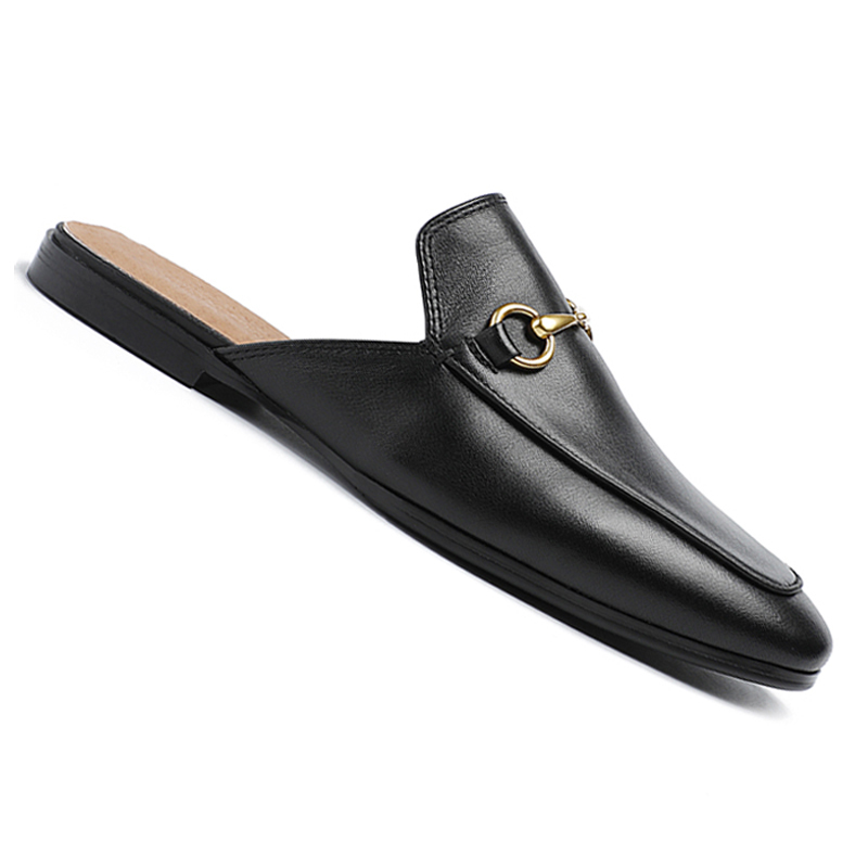 Soft Leather Men's Shoes, Trendy Genuine Leather Horsebit Buckle Closed-Toe Slip-On Mules, Large Size 46