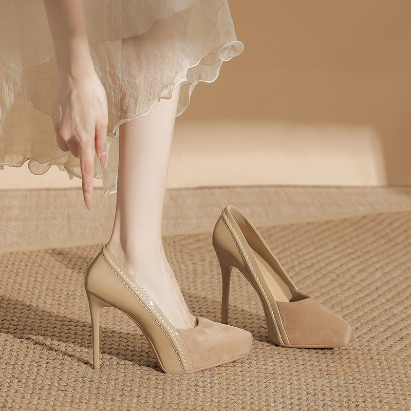 12cm Women's High-Heeled Shoes with Invisible Inner Platform, Waterproof Design, Height-Increasing, Patchwork Single Shoes, Thin Heel, Pointed Toe, Professional Work Shoes