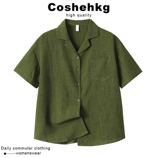 Рубашка Coshehkg в стиле ретро с воротником-стойкой, свободного кроя, с короткими рукавами, для женщин, новый летний стиль, приталенная верхняя одежда с карманами, элегантный топ.