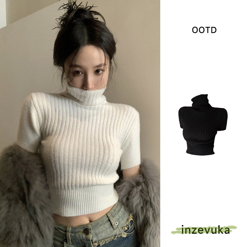 Trendy Niche Retro Knit Sweater for Women, New Summer Style, Half-High Collar, Short-Sleeve, Slim-Fit, Short Top for Autumn