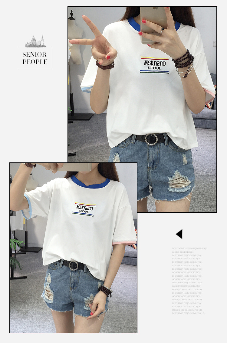 Màu sắc phù hợp với cổ áo ngắn tay t-shirt nữ Hàn Quốc phiên bản của thêu lỏng thư vòng cổ sinh viên áo hoang dã 2018 mùa xuân và mùa hè phong cách mới áo thun form rộng nữ
