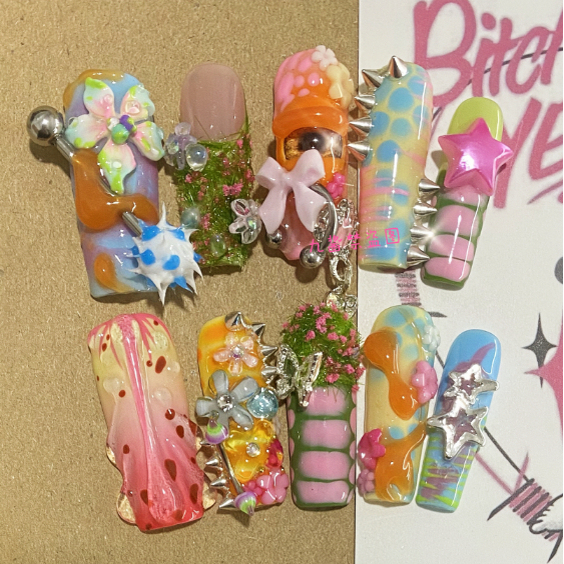 Nine Sauce Y2K Subculture Spring Love Song Heavy Industry Quirky 3D Embossed Wearable Nail Art Handmade Nail Stickers