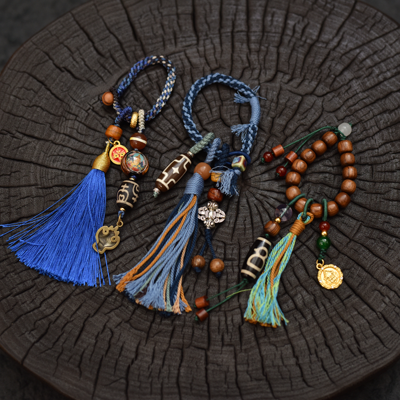 Dzi Bead Pendant with Handmade Braided Rope Keychain