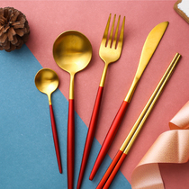 304 Stainless Steel Knife Fork Spoon Chopstick Mesh Red Ins Windy Dining Cutlery Suit Lovers Four Pieces Home Steak Knife Fork