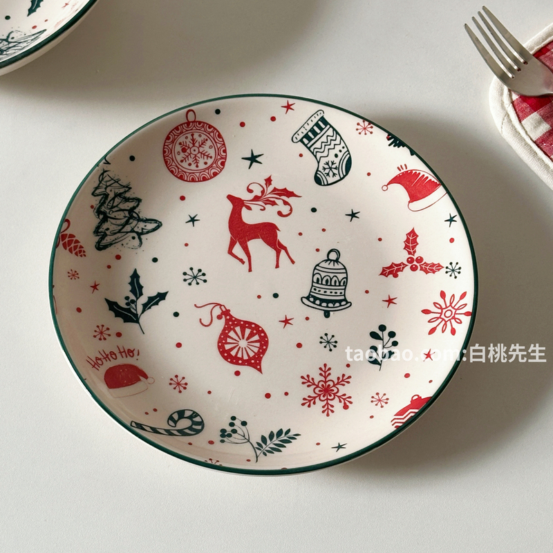 Christmas Ceramic Tableware Plate Instant Noodle Bowl Christmas Tree Reindeer Holiday Gift Cute Girl ins Style Simple