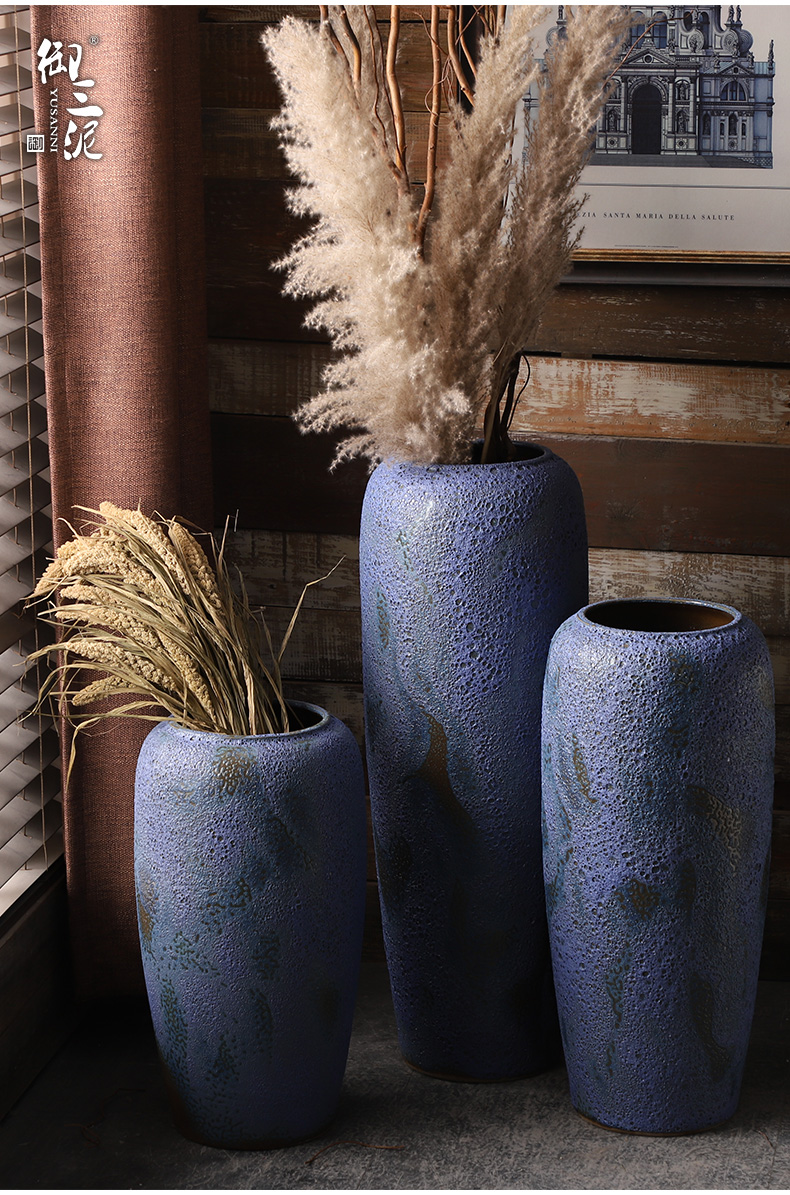 Retro coarse pottery vase landing blue ceramic dried flower arranging flowers furnishing articles POTS to I and contracted sitting room window decoration