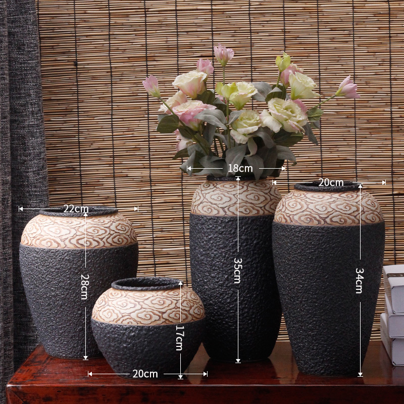 Jingdezhen checking coarse pottery xiangyun Chinese style of black pottery machine dry flower hydroponic flower pot furnishing articles pottery crispy noodles