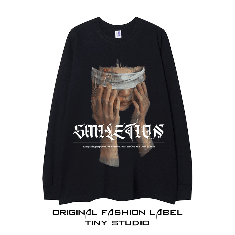American-Style Dark Retro Heavyweight Oversized Autumn and Winter Long-Sleeve Trendy High-Street Hip-Hop Loose T-Shirt Casual Couple Wear