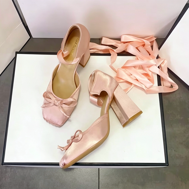 French-Style Bow Square-Toe Pink Mary Jane Shoes for Women, High-Heeled Hollow Single Shoes, Satin Lace-Up Chunky Heel Ballet Shoes