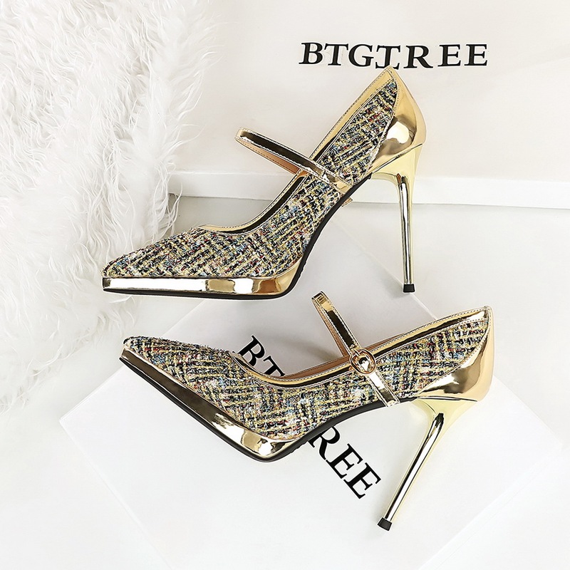 French-Style High Heels for Women, Stiletto Heels for Parties, Pointed Toe, Woven Plaid Stitching, Patent Leather, Glossy Waterproof Platform, Single Strap Shoes