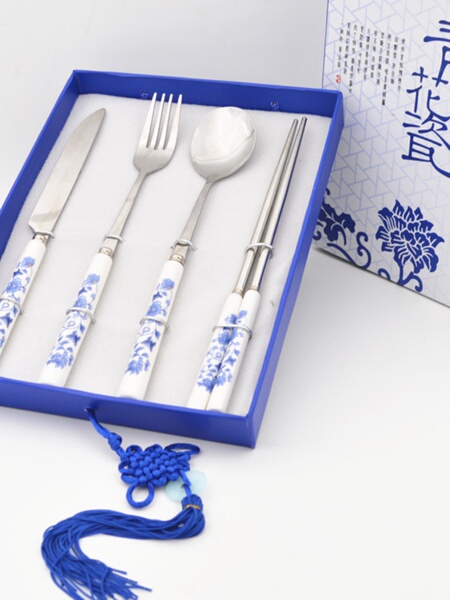 Blue and White Porcelain Tableware Knife, Fork and Spoon Chopsticks Sets Featured Chinese Style Gift Abroad for Foreigners Business Meeting Gifts