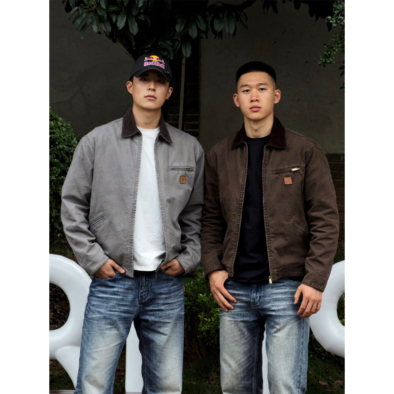 American Retro Detroit Jacket for Men, Autumn and Spring, Hardcore Washed Cotton Canvas, Lapel Vintage Jacket