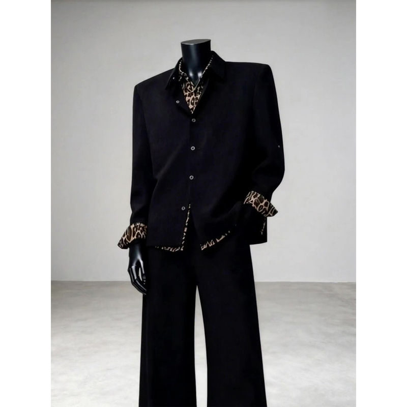 Black Faux Two-Piece Leopard Print Patchwork Shirt for Men, Autumn High-End Style, Cool and Handsome Model Outfit, Long-Sleeve Shirt Jacket Black Faux Two-Piece Leopard Print Patchwork Shirt for Men, Autumn High-End Style, Cool and Handsome Model Outfit, Long-Sleeve Shirt Jacket