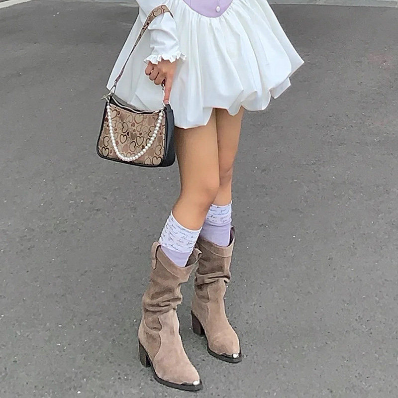 Pointed toe V mouth western boots women's 2021 European and American spring and autumn mid-tube boots retro pile boots thick heel thin boots cowboy boots