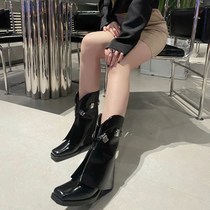 Martin boots womens 2021 autumn new retro square toe thick heel ankle boots metal buckle two wear mid-boots thin boots