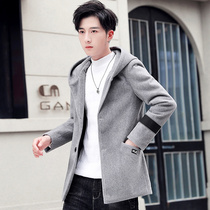 Mens windbreaker 2019 autumn and winter New woolen coat mens short Korean trend hooded handsome woolen coat